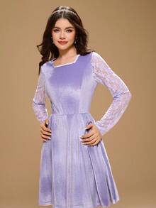 Teen Girl Long Sleeve Round Neck A-Line Christmas Elegant Party Dress - Purple - View 6