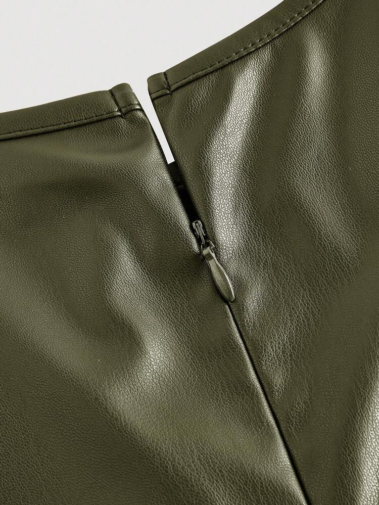 ann taylor green leather dress SHEIN MOD Women's Olive Fitted PU Pleated Midi Dress, Sleeveless,Dresses For Women Elegant Olive Dinner Outfit For Women CRIT_Verde