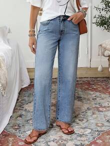 EMERY ROSE Plus Size Women Winter Embroidered Pocket Straight Loose Casual Jeans, Autumn/Winter - Dark Wash - View 3