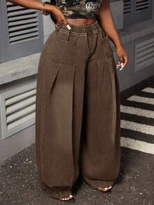 Slaydiva Quần jeans ống rộng ống loe cỡ lớn - màu nâu - Xem 3