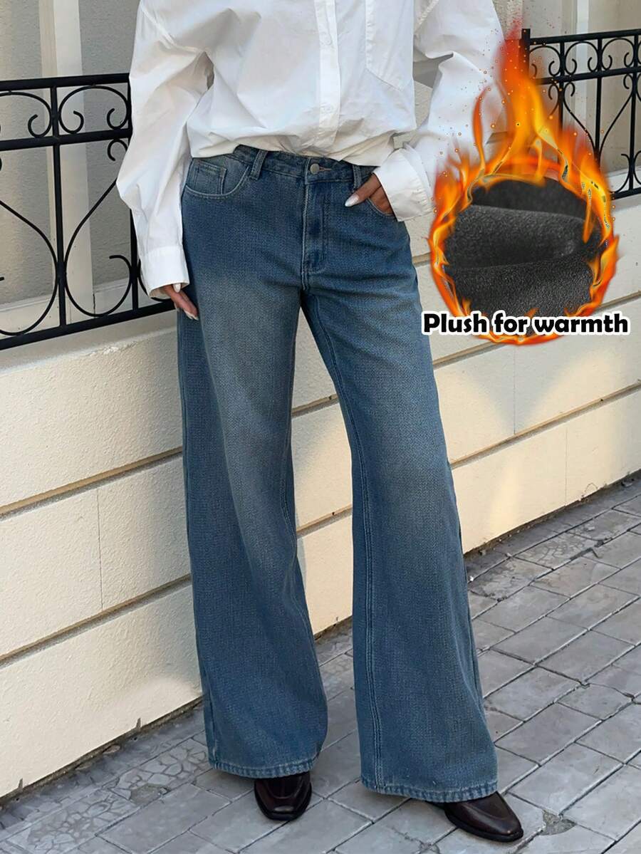 Siren Gaze 女士复古蓝色保暖内衬牛仔裤，低腰直筒裤型，精致提花牛仔面料，保暖内衬长裤，冬季款