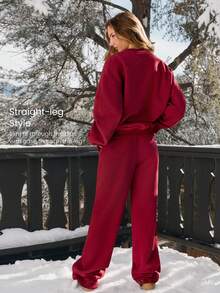 GLOWMODE Heavyweight Fleece Festive Flow Soft Plush Warm Straight-Leg Side Pockets Drawstring Sweatpants Holiday Christmas Autumn Winter Outdoors Daily Casual Wear - Rot - Übersicht 2