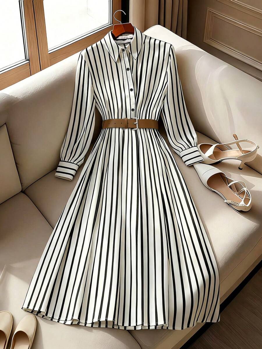 Franclia French Retro Style Women's Casual Striped Dress With Buttons And Belt, New Striped Shirt Dress, Slimming Waist, Graduation Dress, Shirt Dress, Autumn Dress. - Multicolor - View 1