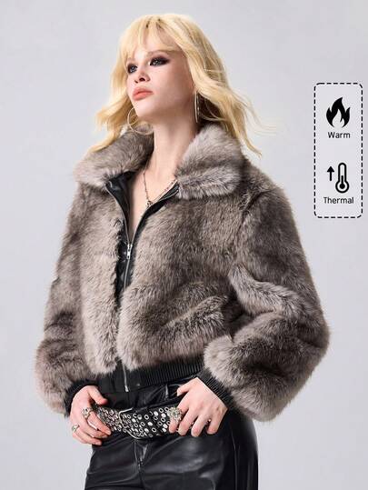Grunge Punk Vintage Ombre Multicolor Faux Fur & PU Patchwork Open Front Women Kpop Jacket