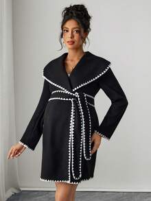 SHEIN Pregnant Women's Floral Trim Long Sleeve Casual Mid-Length Wool Blend Coat, Autumn/Winter - Black - View 4