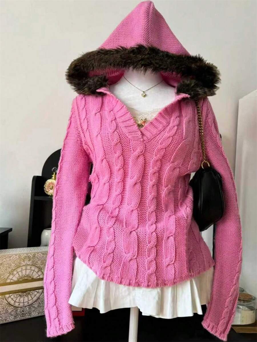 INAWLY Sudadera con capucha casual de cuello de embudo de punto trenzado vintage para mujer, rosa - Rosa Fucsia - Ver 1
