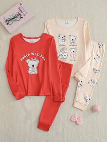 Conjunto de 4 piezas de ropa informal y cómoda para niñas con diseño de dibujos animados, que incluye top de cuello redondo de manga larga y leggings de ajuste ceñido, para otoño - Multicolor - Ver 1