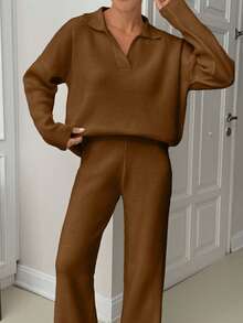 EURMUSE Woman Loose Fit Comfy Warm Thick Polo Neck Sweater And Pants Co-Ords Two Pieces Set - Camel - View 7
