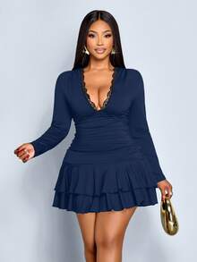 SOLERSUN Women's Plus Size Elegant Navy Blue Autumn Knitted Dress,Deep V Neck Lace Trim Slim Long Sleeve Double Ruffle Hem Mini Dress For Night Out Club Party - Royal Blue - View 2