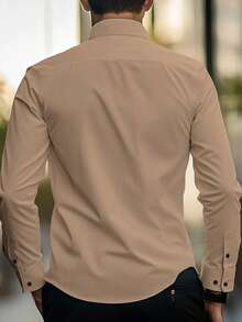 Manfinity Mode Men's Solid Color Long Sleeve Single-Breasted Casual Commuter Shirt, For Fall Khaki