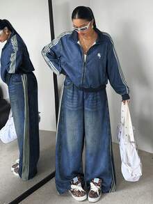 Vibekara Taglia comoda Autunno/Inverno Giacca con chiusura lampo e stampa effetto jeans a maniche lunghe + Pantaloni dritti e morbidi con stampa effetto jeans, Elegante set casual retrò da resort sportivo college in 2 pezzi