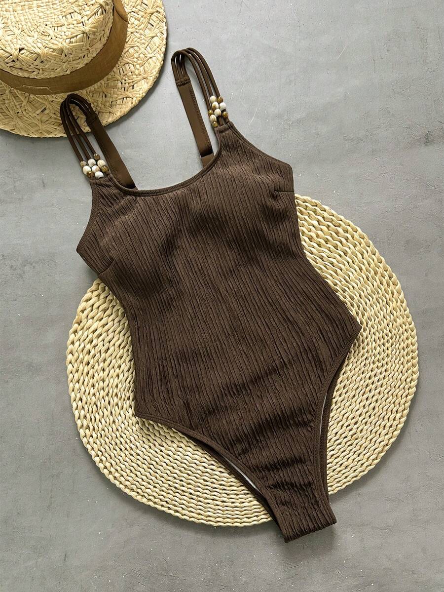 Swim Chiccia Textured Fabric Beaded Spaghetti Strap One-Piece Swimsuit - Coffee Brown - View 1
