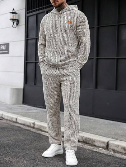 Manfinity Homme Black & Beige Striped Men's Casual Hooded Sweatshirt Set, Versatile For Daily Wear