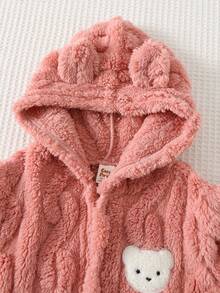 Cozy Pixies 3件套女婴卡通兔子针织柔软圆领长袖套头衫、松紧腰裤和连帽睡袍套装，保暖加厚睡衣套装，秋冬季女婴套装，冬季舒适女婴套装，幼儿两件套冬季服装，保暖女婴服装 - 淺粉色 - 查看 5