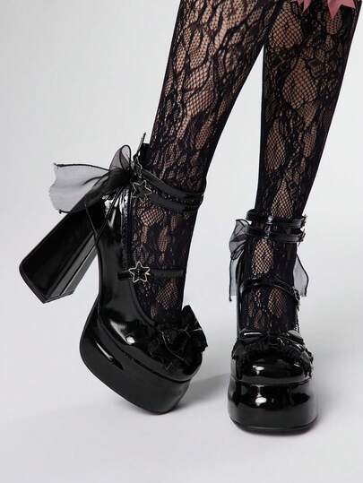 Women's Black High Heel Closed Toe Mary Jane Shoes With Strap, Waterproof Platform, Lolita Gothic Bowknot Sweet JK Style Pumps