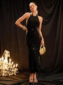 SHEIN Glamour High-End Fitted Halter Backless Slim Dress, Autumn/Winter Leotard Open Back Dresses Sparkly Black Dress Backless Bodysuit - Black - View 2