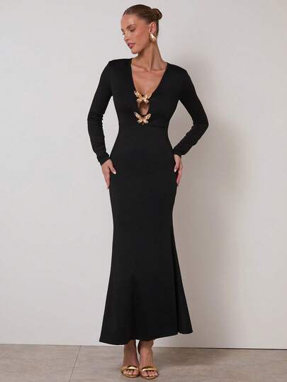 COSMINA Women's Solid Color Regular Shoulder Long Sleeve Metal Butterfly Decor Fitted Dress