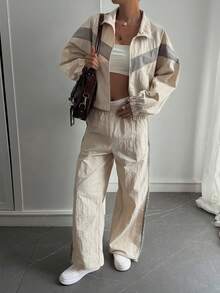 DAZY 女士休闲高领拼接宽松上衣和阔腿裤运动套装，秋冬款 - 灰色 - 查看 3