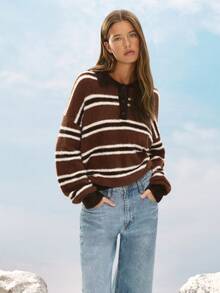 Nöista Women's Brown Stripe Plush Polo Sweater,Vintage Autumn Casual School Back-To-School Look,Warm Soft Winter Striped Knitwear,Versatile Cozy Styling - Multicolor - View 3