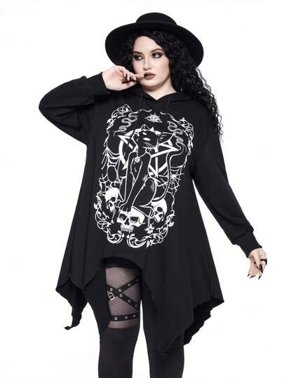 Goth Plus Size Vintage Dark Gothic Mysterious Black Cat Astrology Graphic Hooded Asymmetrical Hem Sweatshirt