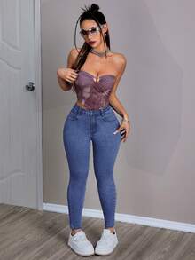 SHEIN PETITE Damen Einfarbige Lässig Jeans - Mittele Waschung - Übersicht 5