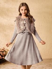 Tween Girls Elegant Faux Fur Sleeveless Gray Top With Cute Bow, Gray Cap Sleeve Round Neck Waist Cute Bow Dress 2-Piece Top Set - Apricot - View 4
