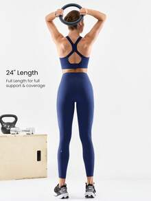 GLOWMODE 24'' CoreHold FeatherFit™-Sculpt CoreHold No Slip Fit Boning Tummy Control No Front Seam Leggings With Side Pockets Medium Impact Workout Jogging Gym Training  Spring Summer - Dark Blue - View 3