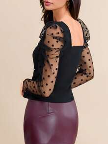 SHEIN Clasi Pearls Beaded Dobby Mesh Panel Gigot Sleeve Top