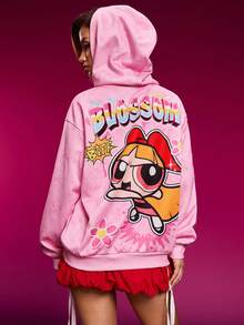 THE POWERPUFF GIRLS X SHEIN 女士休闲字母花卉图案落肩拉链卫衣，秋季 - 粉色 - 查看 1
