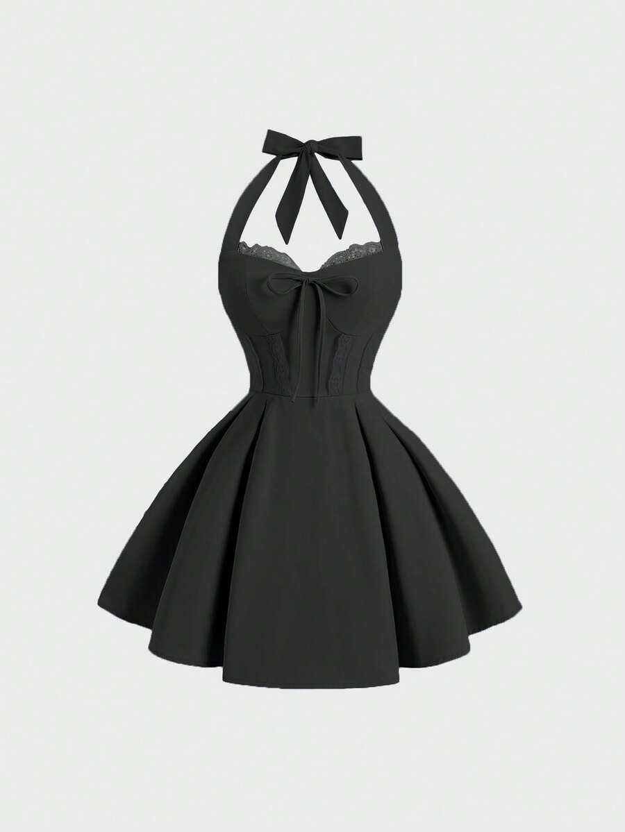 Sweetra 女士时尚优雅浪漫蕾丝边吊带迷你连衣裙 - 黑色 - 查看 1