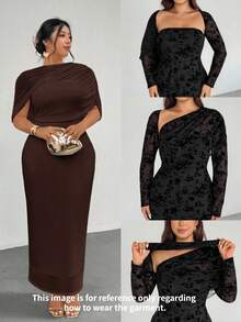Firerie Plus Size Elegant Romantic Ruffle Asymmetric Waist Fitted Dress, Comfortable Casual New Style For Spring/Summer - Brown - View 9