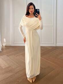Aloruh Women's Autumn/Winter New Solid Apricot Draped Asymmetric Design Wrap Long Sleeve Dress - Apricot - View 1