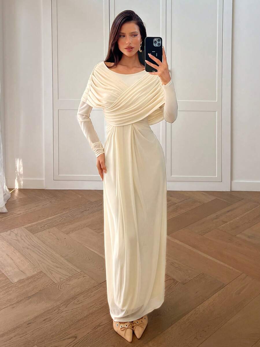 Aloruh Women's Autumn/Winter New Solid Apricot Draped Asymmetric Design Wrap Long Sleeve Dress - Apricot - View 1