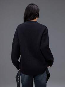 Bloopia 学院摇滚叛逆甜美辣妹秋冬万圣节新款可爱兔毛混纺提花图案宽松V领连帽长袖针织女式毛衣 - 黑色 - 查看 2