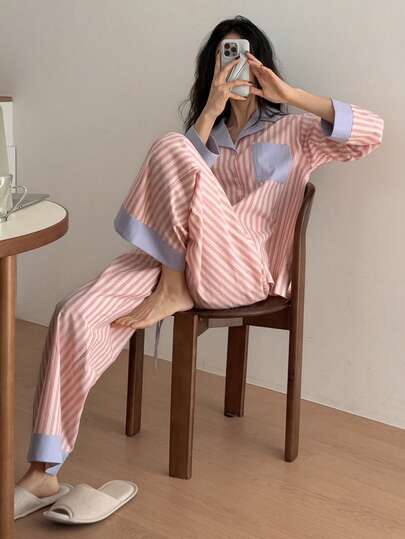 DAZY Gestreepte Contrast Patchwork Loose Women Pajama Set view 3