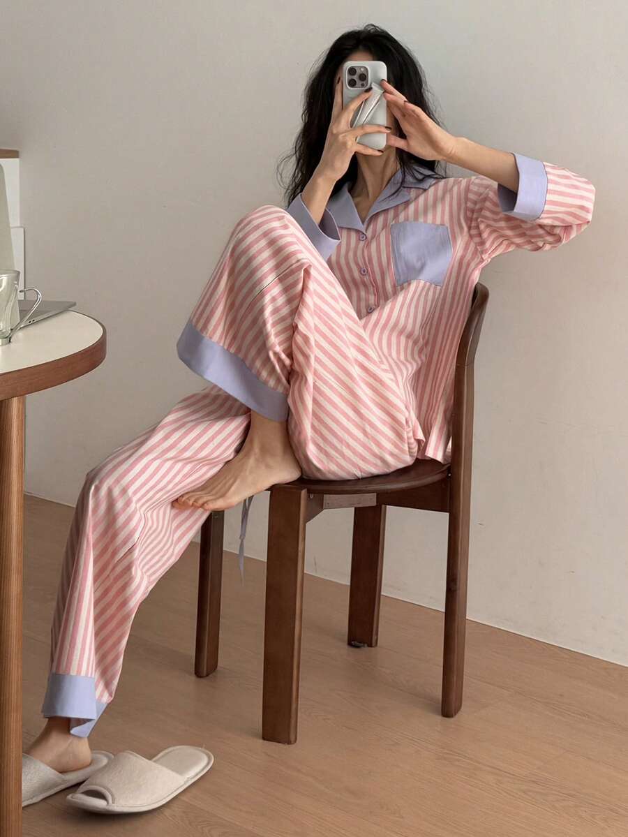 DAZY Striped Contrast Color Patchwork Loose Women Pajama Set, Winter Clothes - Pink - View 1