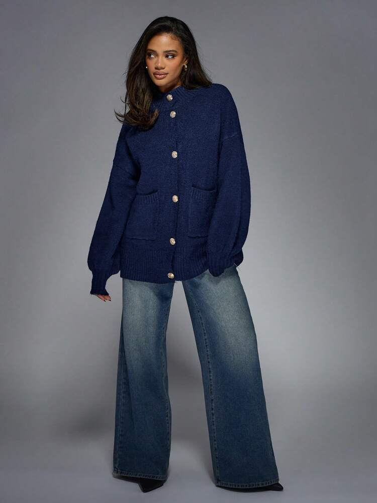 MISSGUIDED Knitted Button Up Cardigan With Gold Hardware Mock Neck Long Sleeve Oversized Cozy Fall Winter Sweater