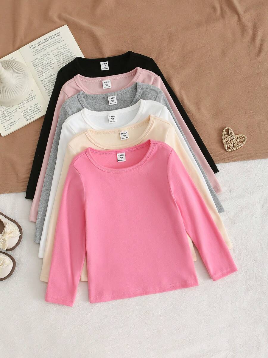 6件套女童柔软舒适保暖内衣，休闲简约设计，颜色可选：浅粉色、白色、深粉色、黑色、杏色、灰色 - 彩色 - 查看 1