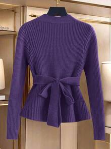 GlowEve New Fashionable Mixed Color Chic Versatile Knitted Sweater Top - Purple - View 2