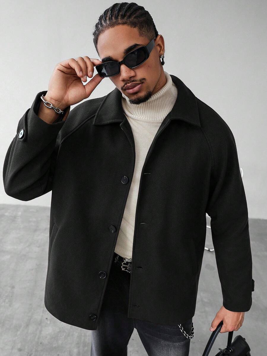 Marvello Homme Men's Long Sleeve Casual Solid Color Single-Breasted Overcoat, Autumn Black Jacket - Black - View 1