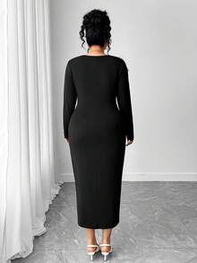 Elenzga Vestido de fiesta elegante con bloque de color y lazo para mujer de talla grande - Negro - Ver 2