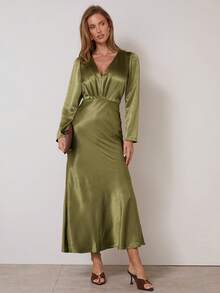 COSMINA Women's Satin Minimalist V-Neck Long Sleeve Elegance Dress,Green Dress, Olive Green Dress, Green Satin Dress, Long Sleeve Green Maxi Dress,Wedding Guest Dress Women - Green - View 3