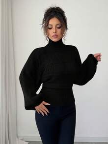 Elenzga Women's Autumn/Winter Vintage Hollow Out Stand Collar Oversized Pullover Sweater, Streetwear Style, Suitable For Holidays Like Independence Day, New Year's Day, Labor Day, Columbus Day, Thanksgiving, Christmas, Valentine's Day, Easter, Casual Outings, Back To School, Teaching Attire, Korean Chic, Elegant & Versatile, Lantern Sleeve Feature - Black - View 3