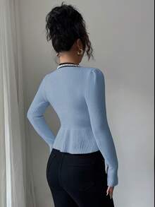 Elenzga Women's Fashionable Elegant Ribbed Contrast Color Pearl Cardigan - Blue - View 2