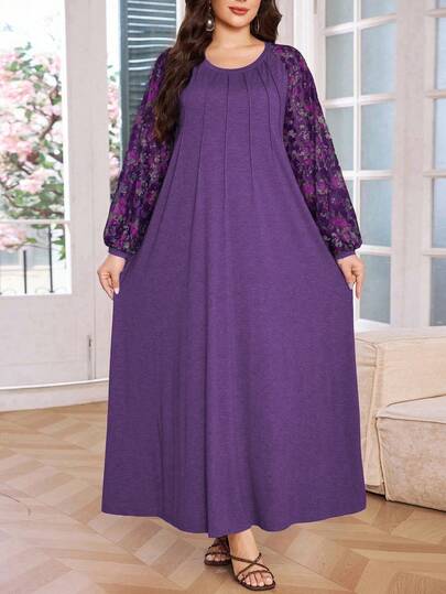 Lacomfia 大码女式休闲宽松花卉蕾丝拼接灯笼袖圆领舒适百搭连衣裙