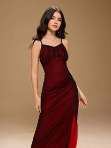 Vestido elegante de fiesta de Navidad con tirantes finos y fruncido para adolescentes - Negro - Ver 7