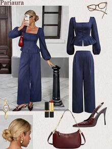 Chiquease Set de 2 piezas con top sin espalda de manga farol de cuello cuadrado a rayas y pantalones con bolsillos, estilo francés