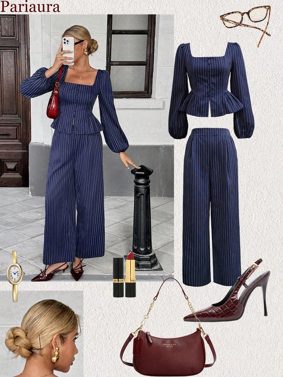 Chiquease Set de 2 piezas con top sin espalda de manga farol de cuello cuadrado a rayas y pantalones con bolsillos, estilo francés