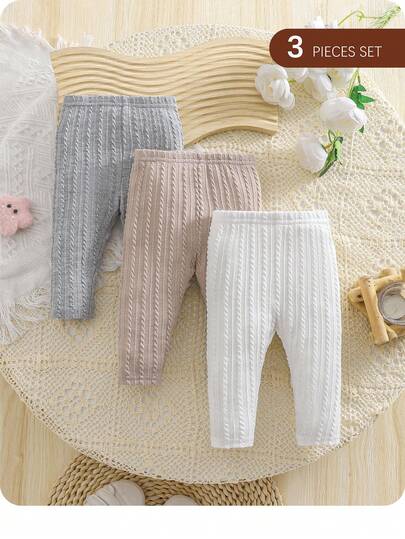 SHEIN 3pcs/Set Newborn Baby Girl/Boy Cute Elastic Waist Knit Leggings, Versatile For Spring, Summer, Autumn, Winter