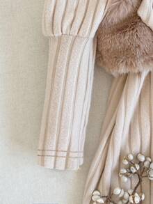 SHEIN 2pcs Baby Girls Dress + Plush Vest Cute Elegant Set, High Collar Long Sleeve Ruched Ribbed Thermal Lined Lantern Sleeve Dress Paired With Warm Plush Vest Jacket, Retro Casual Versatile Korean Style With Bow Design, Suitable For Daily Outings, Birthday, Holiday Parties In Autumn/Winter Fall